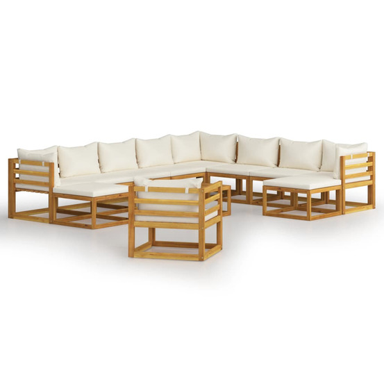 Salon de jardin 12 pcs avec coussin crème bois d'acacia solide
