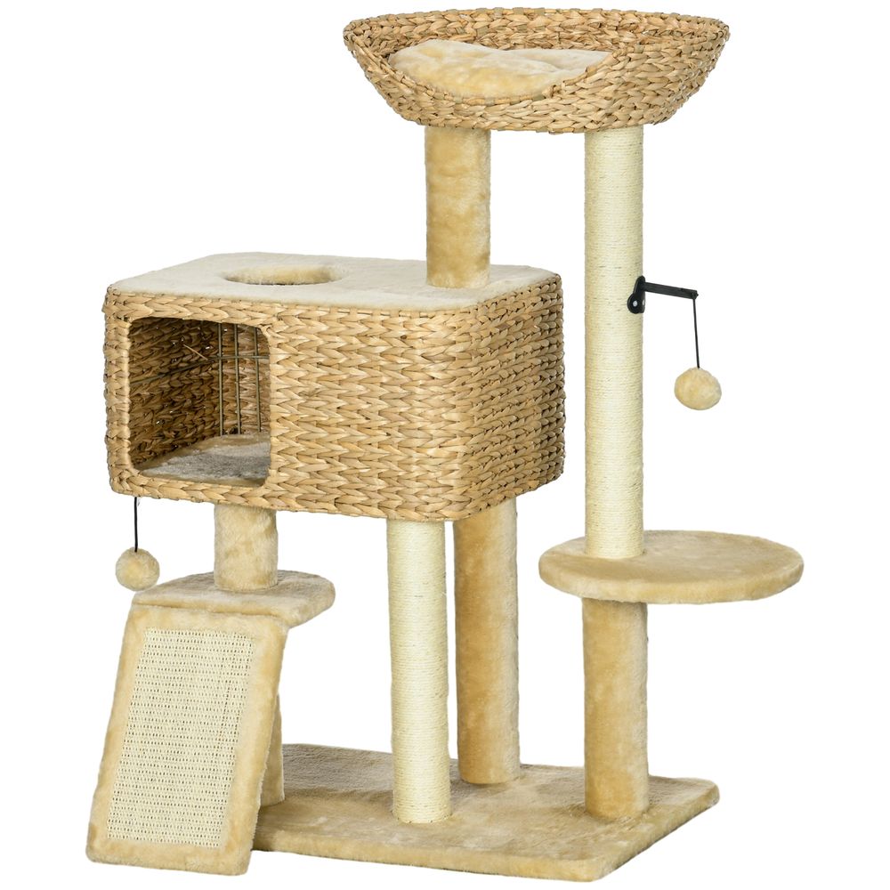 Arbre à chat bois jute intérieur niche 3 plateformes balles 60x40x98cm beige