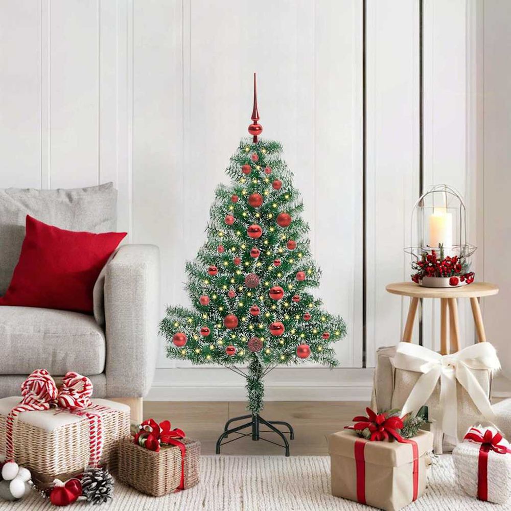 Petit sapin de noël artificiel enneigé 120 cm, décoré avec led blanc chaud