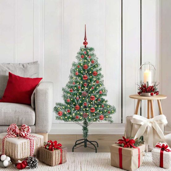 Petit sapin de noël artificiel enneigé 120 cm, décoré avec led blanc chaud