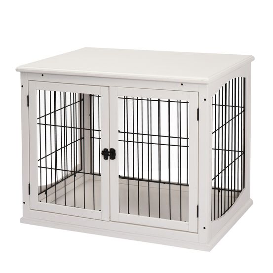 Cage meuble pour chien mdf et acier blanc 58,5 x 81 x 66 cm intérieur double porte