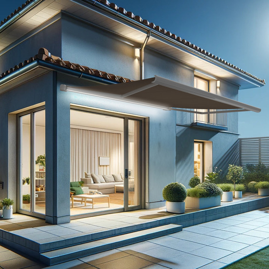 Store banne coffre intégral hevoa 4,00x3,00 m (motorisé secours à télécommande + led - blanc satiné ral9010 - taupe)