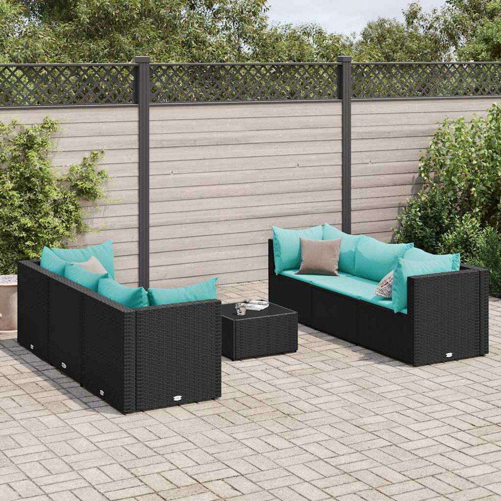 Salon de jardin 7 pcs avec coussins noir résine tressée