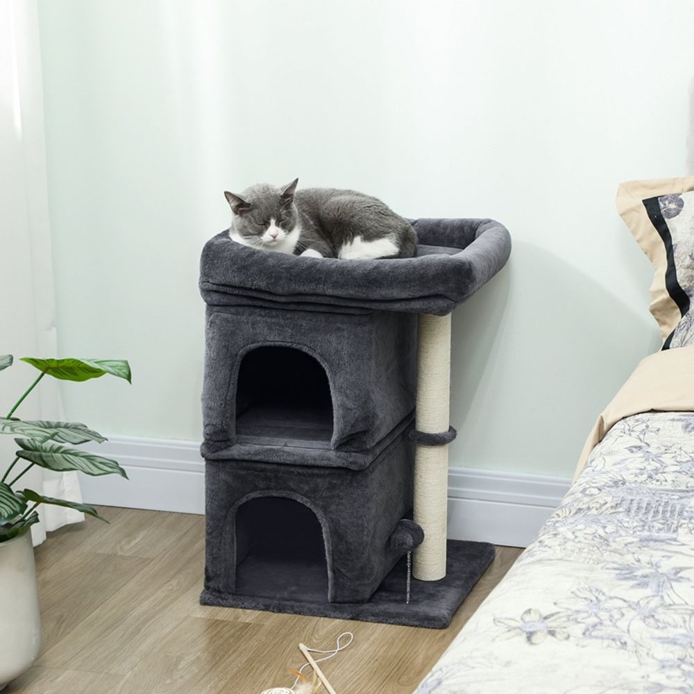 Arbre à chat compact sisal 2 niches plateforme rembourrée 66cm gris ...