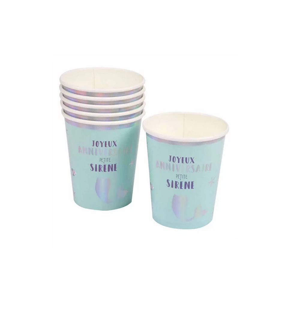 Set de 6 gobelets en carton anniversaire sirene
