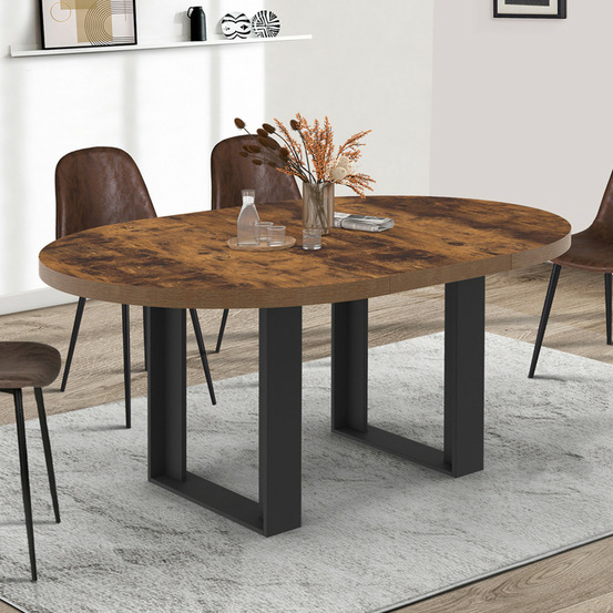 Table à manger extensible ronde phoenix 4-6 personnes bois foncé effet vieilli et noir 110-150 cm