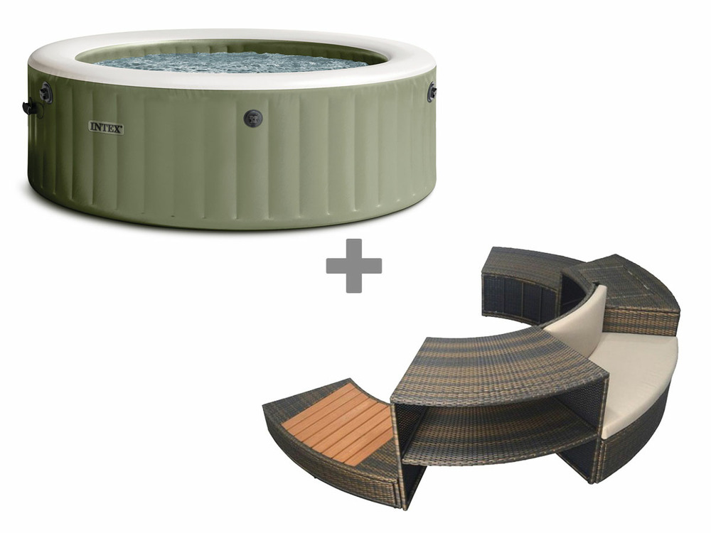 Pack spa gonflable purespa olive rond bulles 6 places + ensemble mobilier