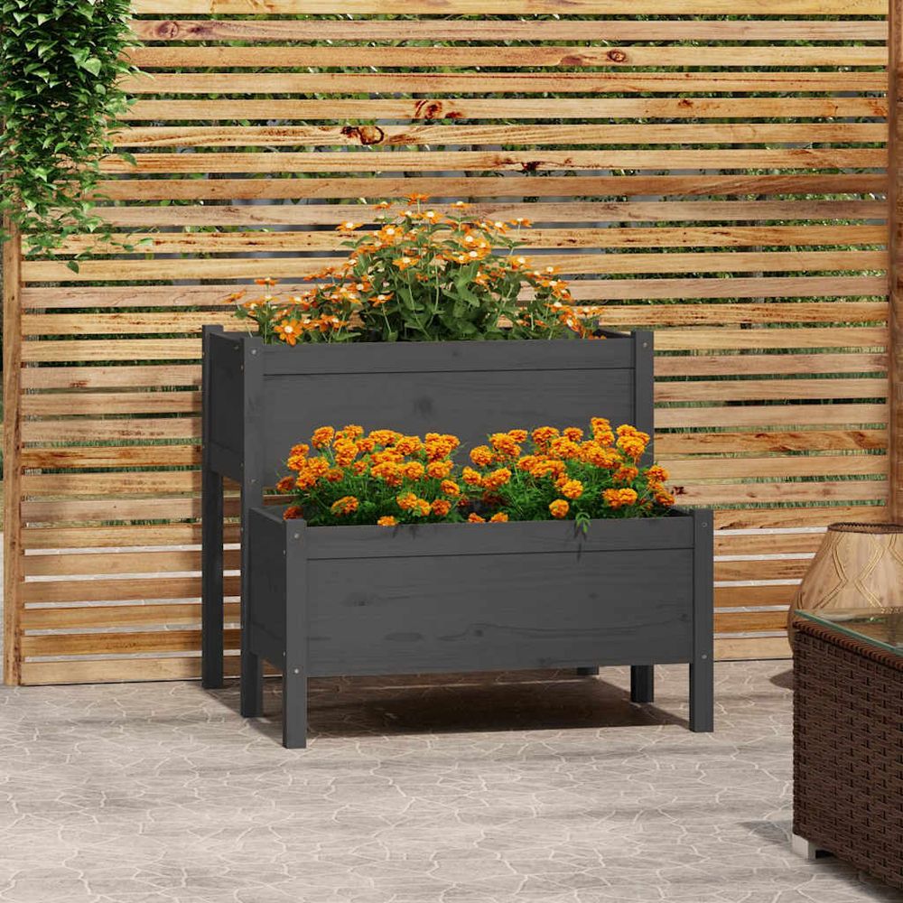 Jardinière d'angle étagée en bois de pin massif pour balcon 84.5 cm gris