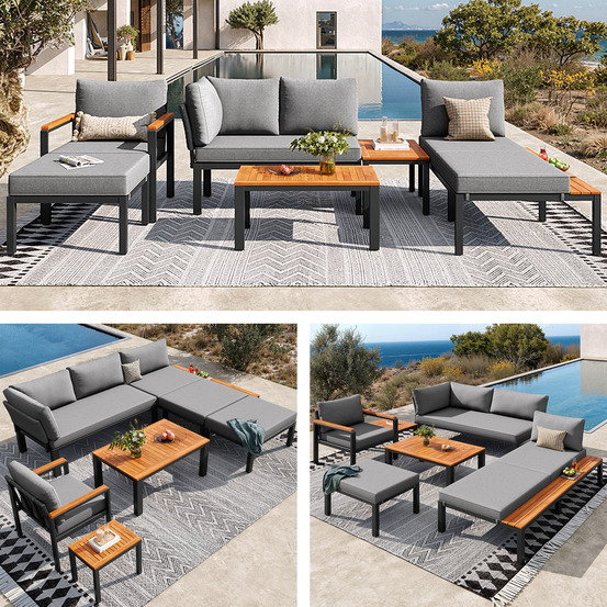 Ensemble de salon de jardin modulable, structure en métal, coussins, tables en bois, terrasse, balcon, espace piscine, gris