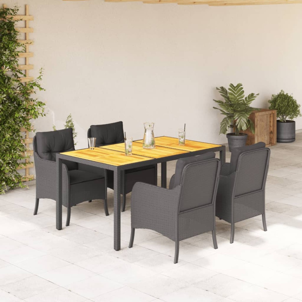 Ensemble à manger de jardin coussins 5pcs noir résine tressée