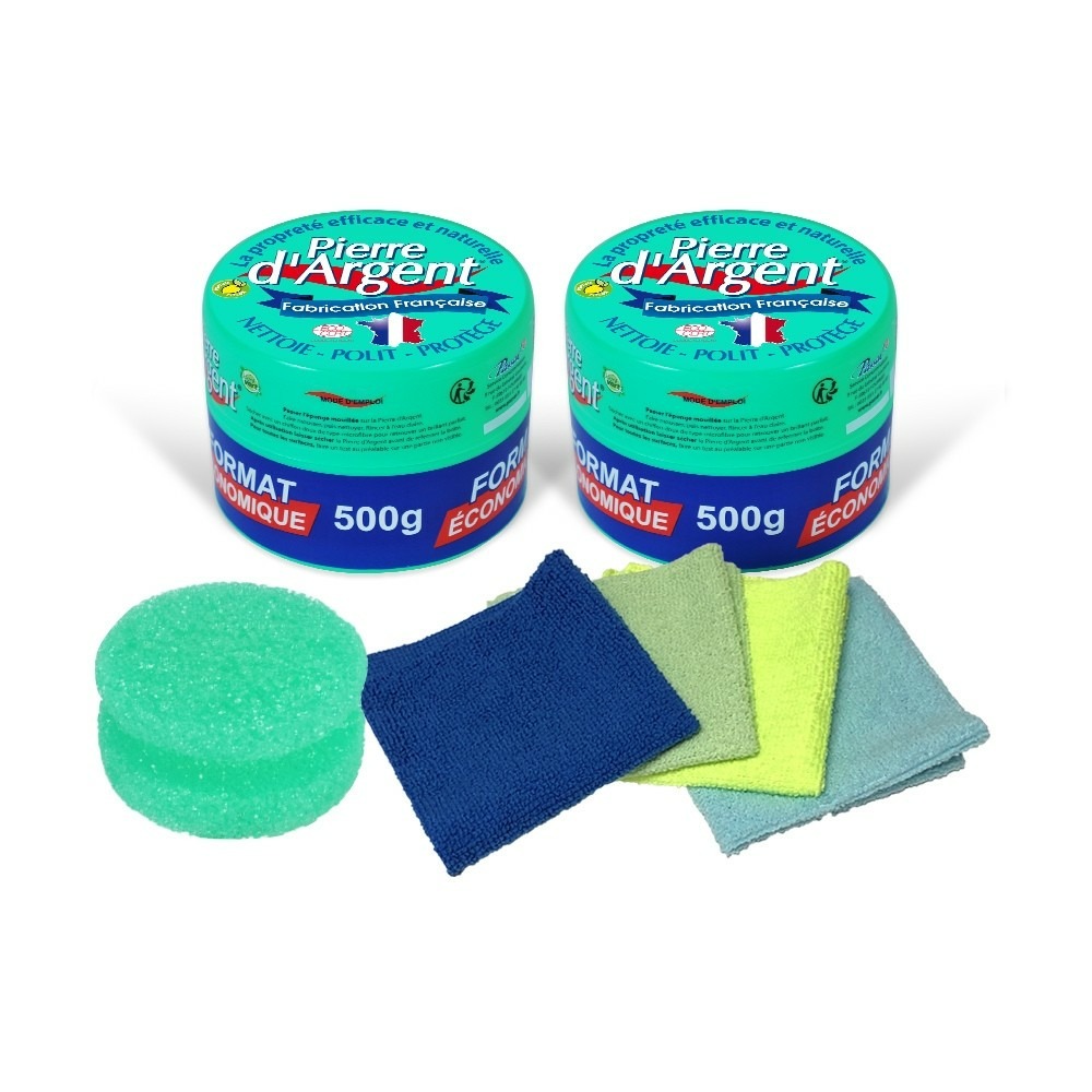 Lot pierre d'argent ecocert 2 x 500 g avec 2 éponges classiques, 1 éponge ergonomique et 4 mini-chiffons microfibres