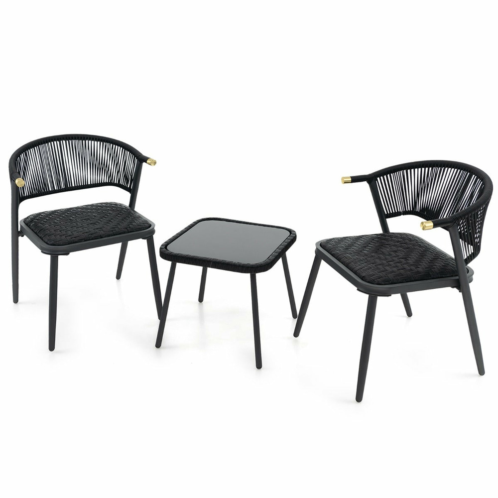 Ensemble de meubles 3 pcs de patio en rotin charge 180 kg salon de jardin chaises rembourrées en mousse à séchage rapide noir