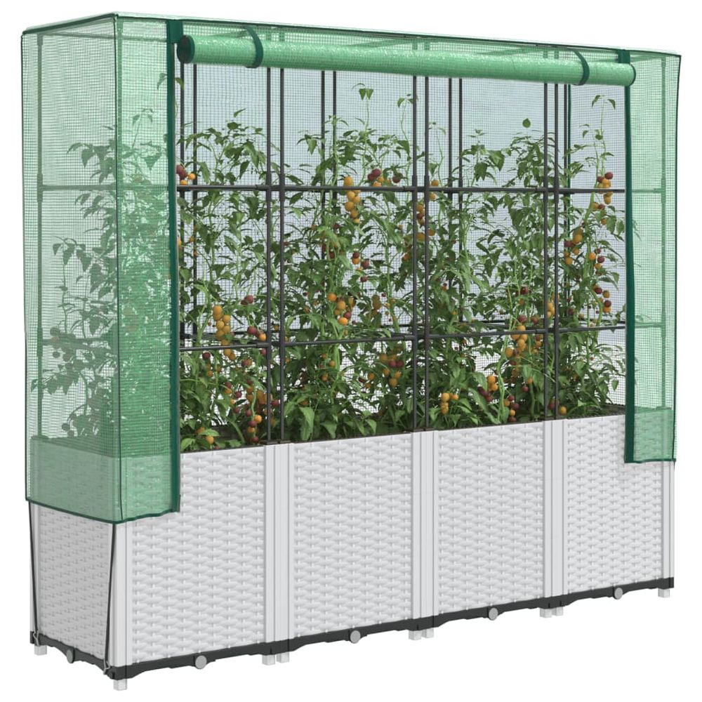 Haute jardinière sur pieds 160cm avec serre de culture, design rotin blanc, hauteur totale 153cm