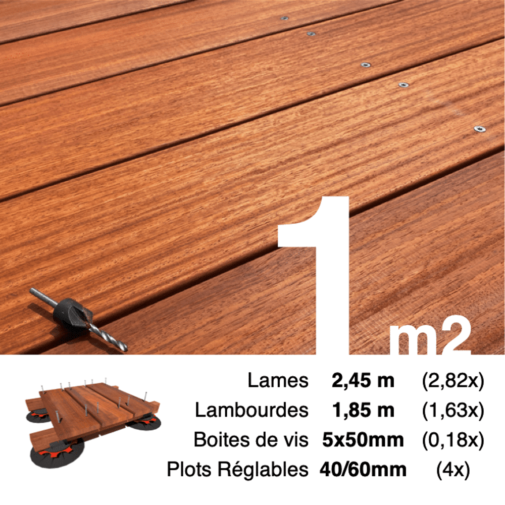 Kit complet terrasse bois exotique padouk pour 1 m², lames 2,45 m, lambourdes 1,85 m, plots réglables et visserie inox.
