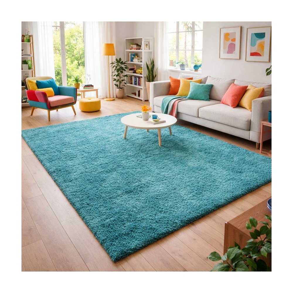 Tapis poils longs shaggy 120x170 rectangle tissé turquoise motif uni uni l