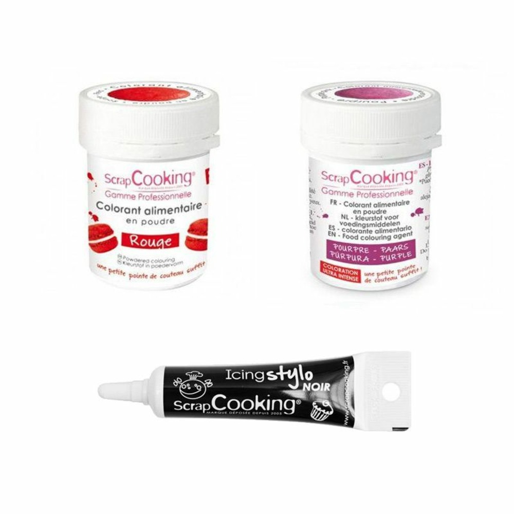 2 colorants alimentaires rouge-pourpre + stylo glaçage noir