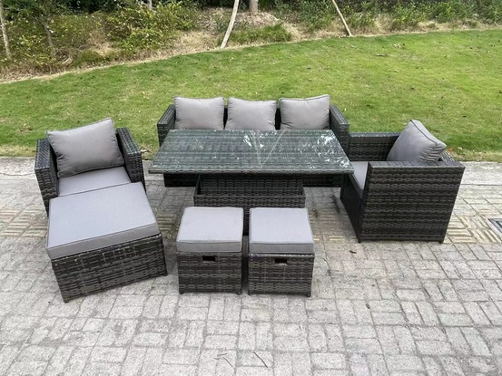 8 places extérieur rotin meubles de jardin canapé ensemble patio table à manger réglable avec fauteuil 3 pieds tabouret