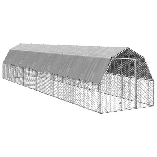 Enclos poulailler 30 m² acier galvanisé avec toit de protection pour jardin argent