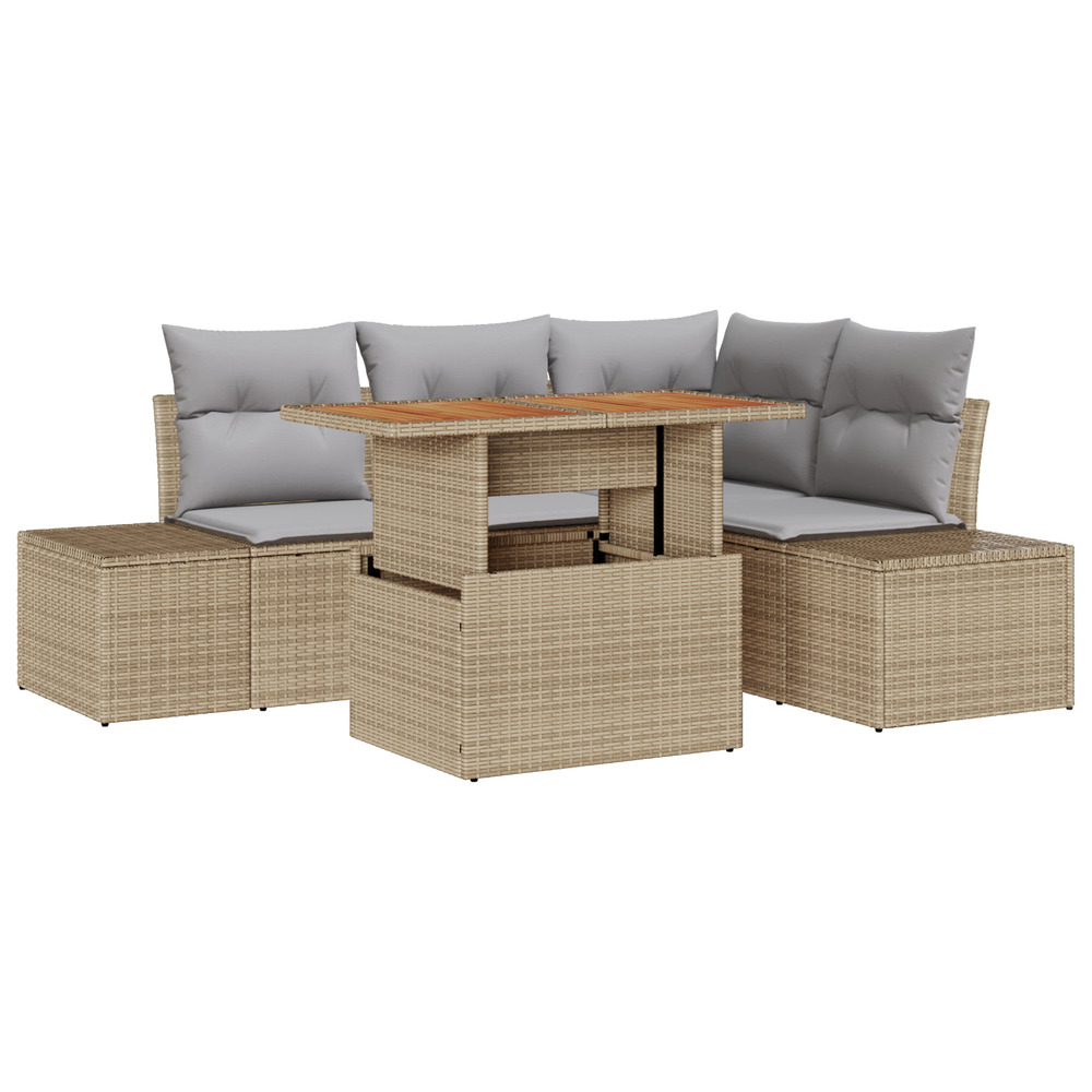 Ensemble de salle à manger de jardin 5 pièces avec coussins - poly rattan beige acacia