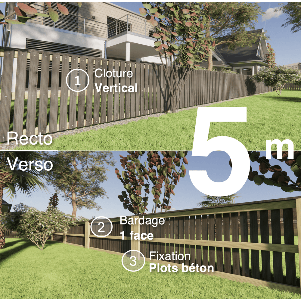 Kit clôture bois moderne 5m – h 0,9m – 20 x 70 mm noir par trempage – pose vertical – simple face – à sceller