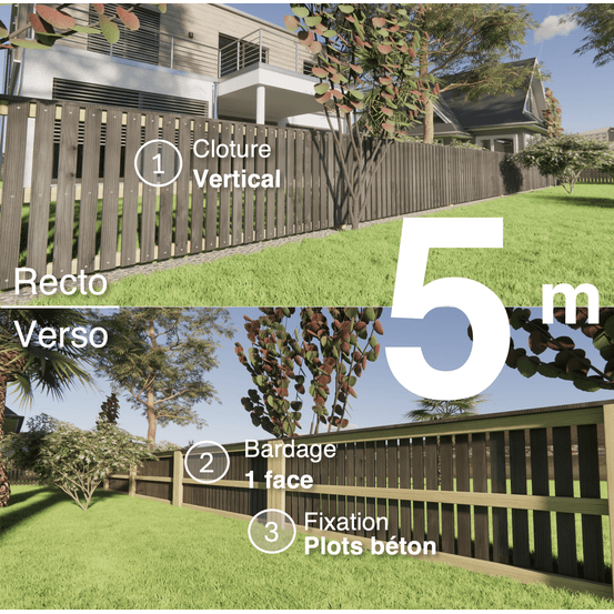 Kit clôture bois moderne 5m – h 0,9m – 20 x 70 mm noir par trempage – pose vertical – simple face – à sceller