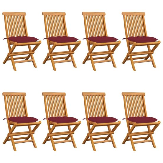 Chaises de jardin avec coussins bordeaux lot de 8 teck massif