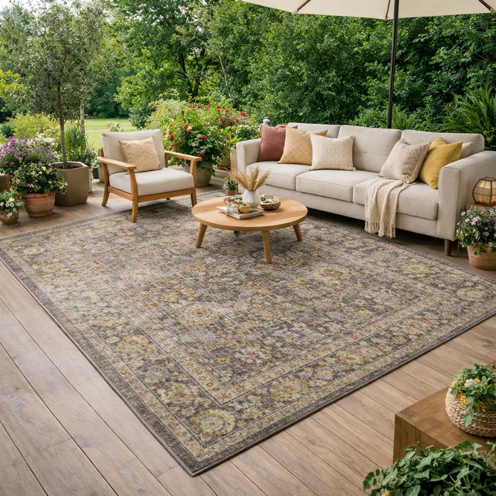 Tapis exterieur 240 x 340 cm, gris beige et rose, motif oriental, kilim, luxora, idéal terrasse