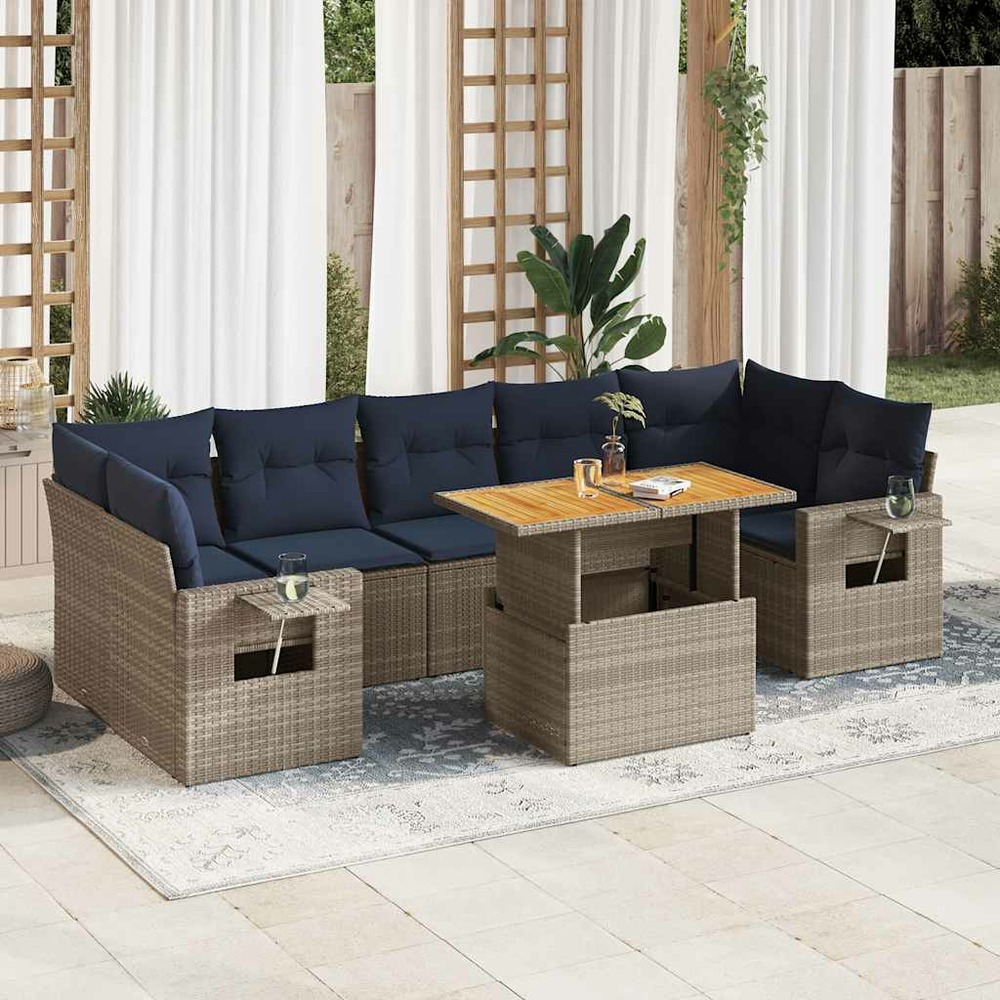 Salon de jardin 8 pcs avec coussins gris résine tressée