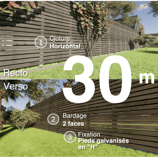 Kit clôture bois moderne 30m – h 1,9m – 20 x 70 mm noir par trempage – pose horizontal – double face – support galva