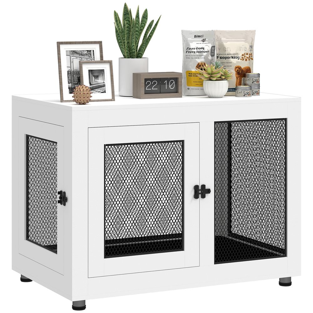 Cage chien intérieur acier bois table d'appoint avec coussin 94x60x72cm blanc