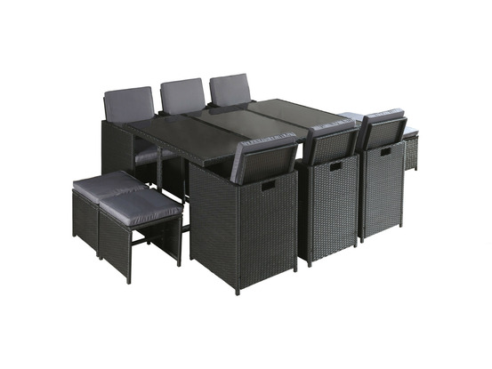 Fira - salon de jardin encastrable 10 places - en résine tressée - noir avec coussins gris + housse de protection