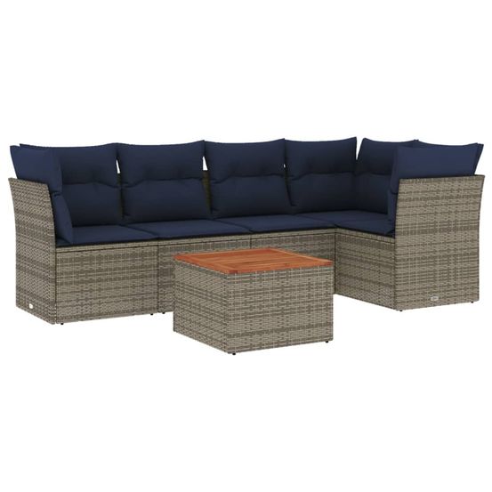 Salon de jardin 6 pcs avec coussins gris résine tressée