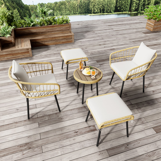 Ensemble de jardin 5 pièces, table, 2 chaises, 2 tabourets, rotin naturel