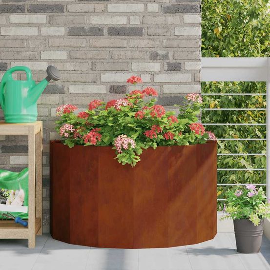 Jardinière demi-ronde acier corten effet rouillé pour jardin 90x45x50 cm
