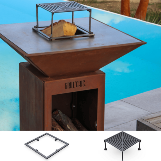 Set brasero découverte - auvergnat simple cuve corten - brasero avec rangement bois - carré - design pratique et moderne pour un