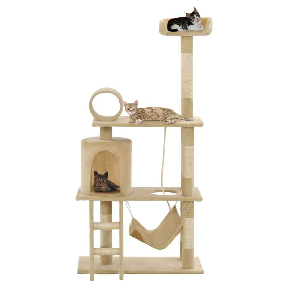 Arbre à chat griffoir grattoir niche jouet animaux peluché en sisal 140 cm beige