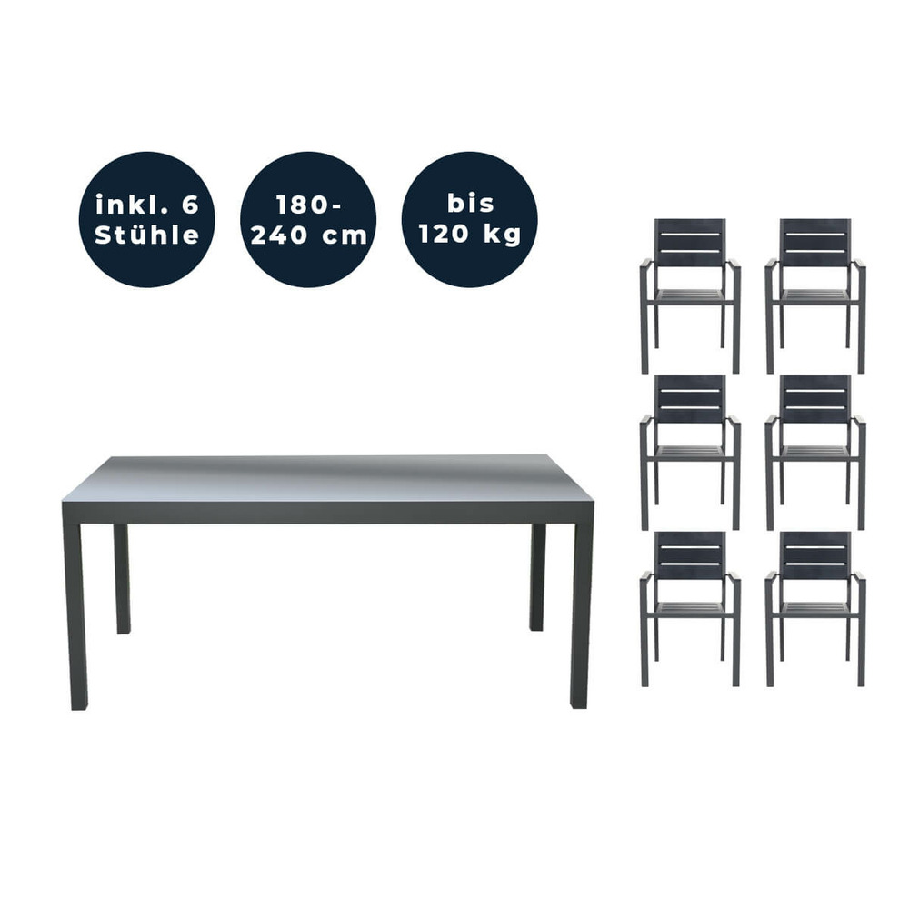Home deluxe - table de jardin à rallonges - sol - env. 180 (240) x 90 x 75 cm - 6 chaises incluses, accessoires inclus i meuble de