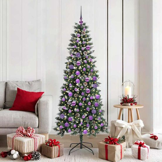 Sapin de noël artificiel 180 cm floqué blanc, décoré avec pommes de pin et led