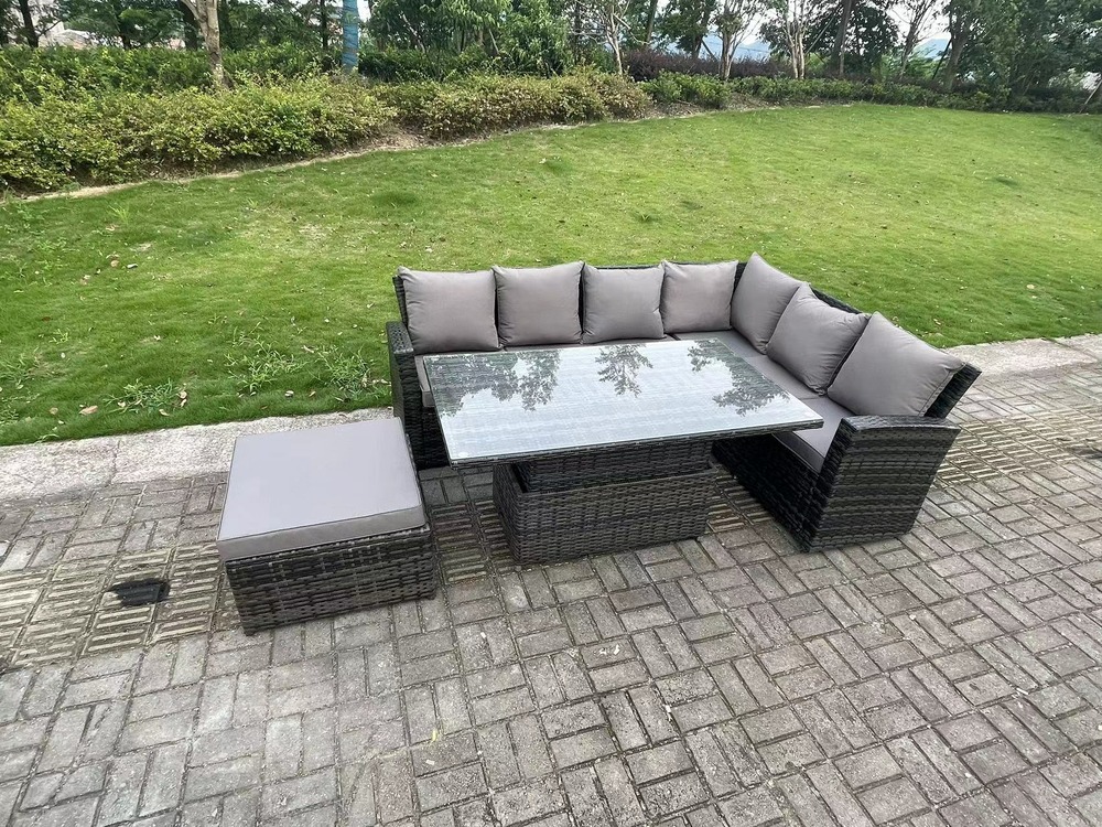 7 places extérieur rotin haut dossier réglable ascenseur table à manger coin canapé set mobilier de jardin