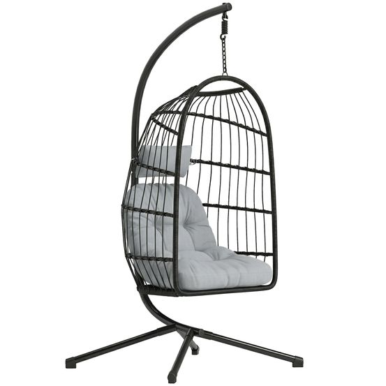 Chaise suspendue rotin pliable avec cadre, coussin, ceinture de sécurité, hauteur réglable