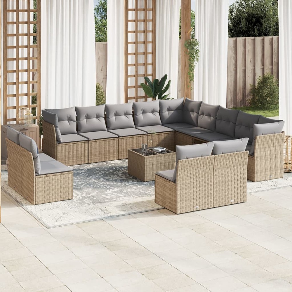 Salon de jardin avec coussins 14 pcs beige résine tressée