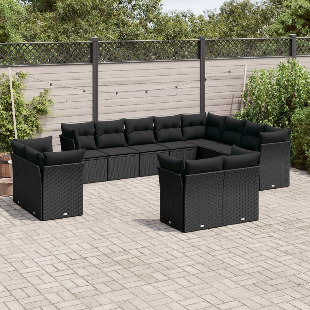 Salon de jardin 12 pcs avec coussins noir résine tressée