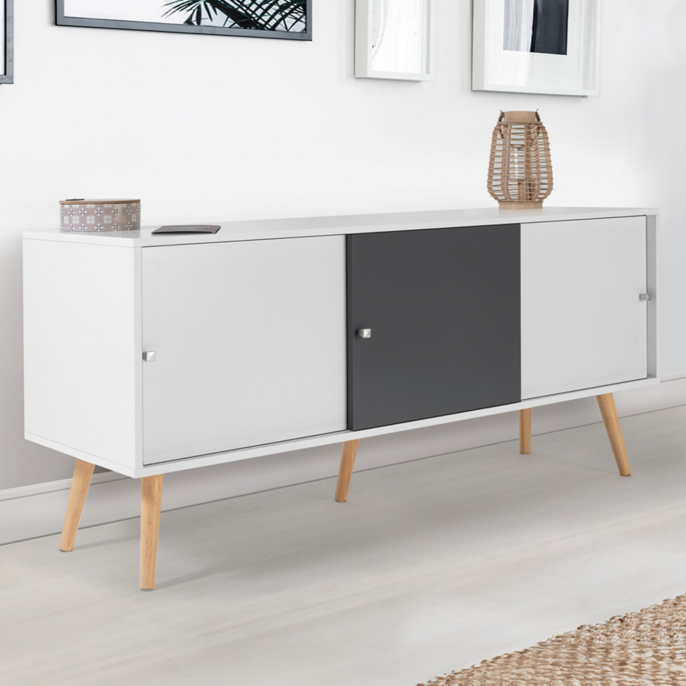 Buffet bas scandinave 135 cm effie 3 portes bois blanc et gris
