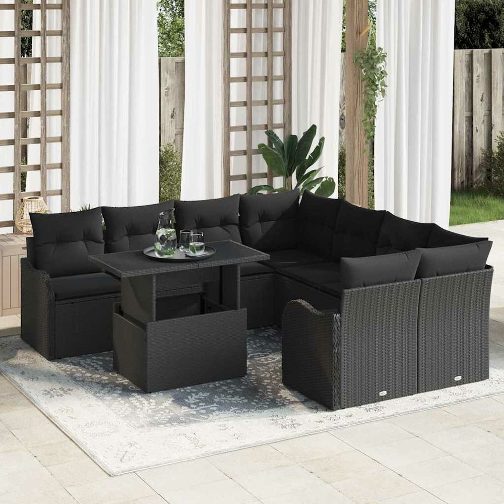 Ensemble de canapé de jardin avec coussin 9 pcs noir poly rotin