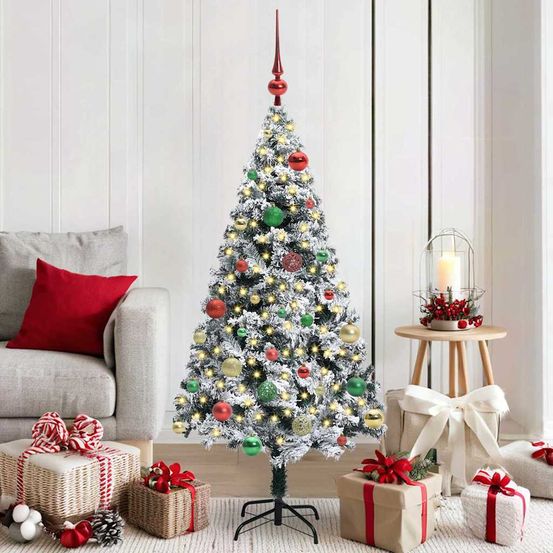 Sapin de noël artificiel touffu led pvc avec étoile et boules vert 150 cm