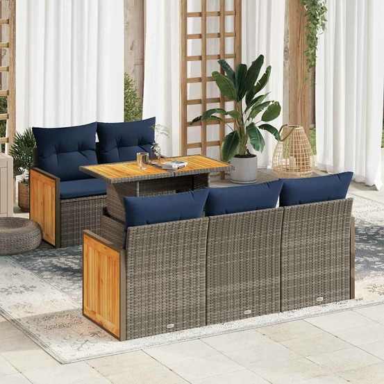 Salon de jardin avec coussins 6 pcs gris résine tressée acacia