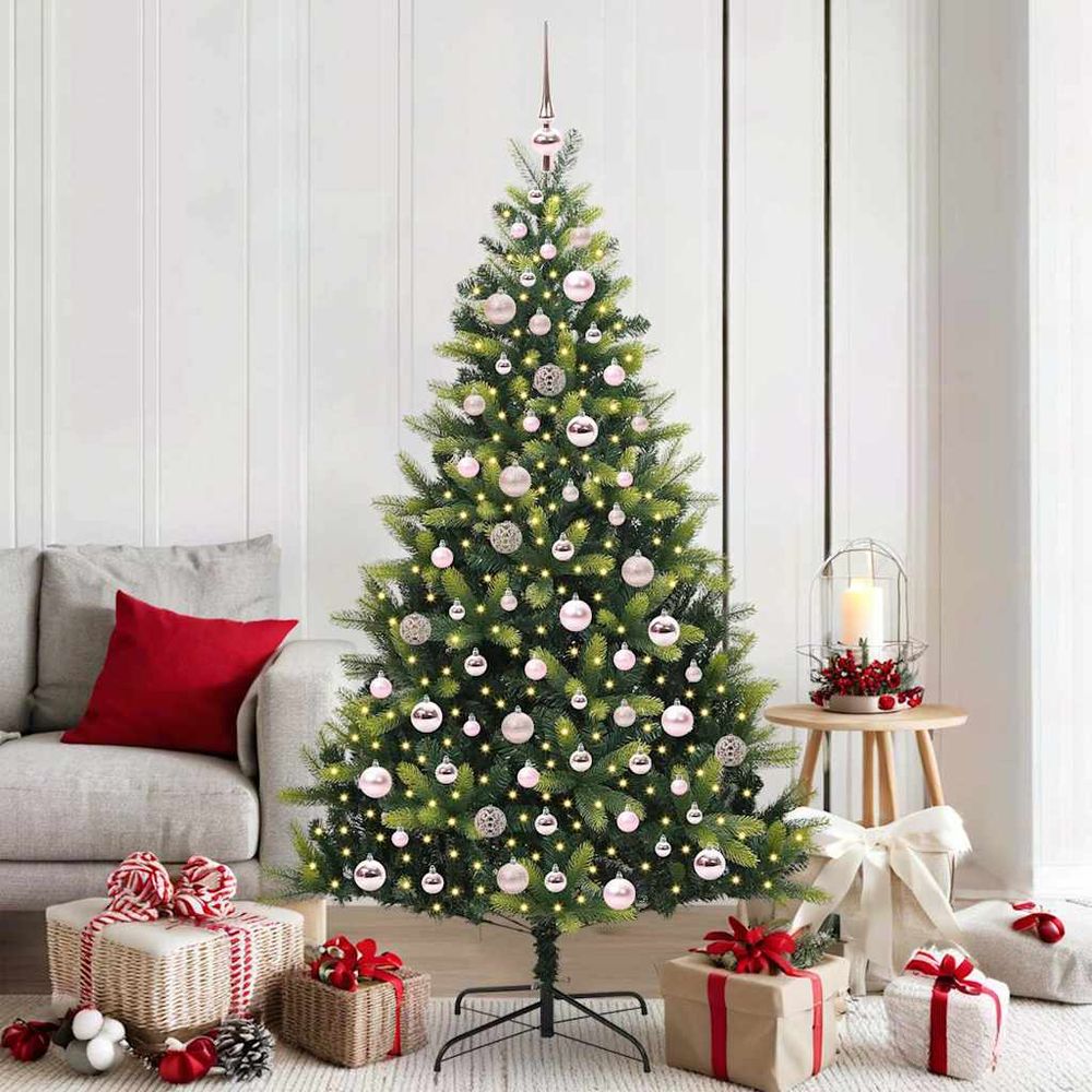 Sapin de noël artificiel facile à monter 180 cm, structure à charnières, led et boules incluses