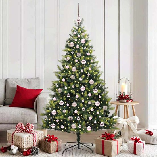 Sapin de noël artificiel facile à monter 180 cm, structure à charnières, led et boules incluses
