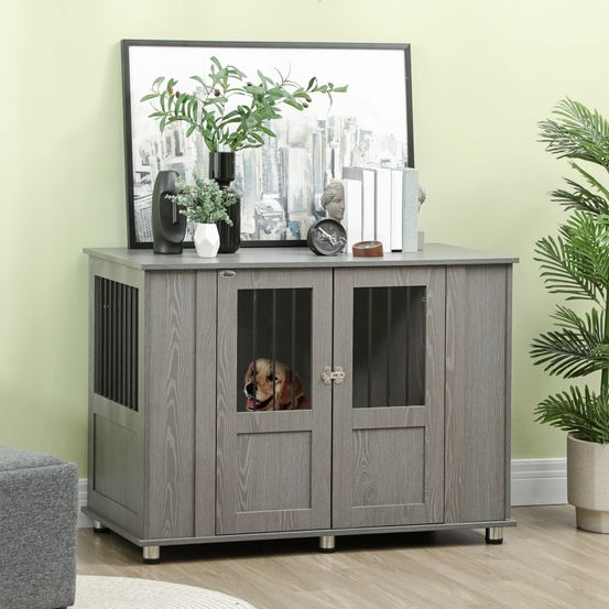 Cage chien intérieur bois meuble design table salon magnétique xl 114cm gris