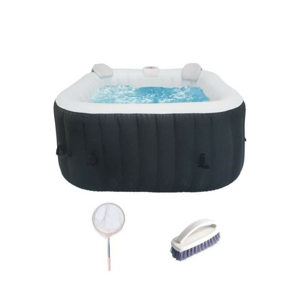 Kit tout inclus spa et accessoires : spa gonflable carré 4 places avec 2 appuis tetes, filtre, épuisette, brosse, tapis, couve